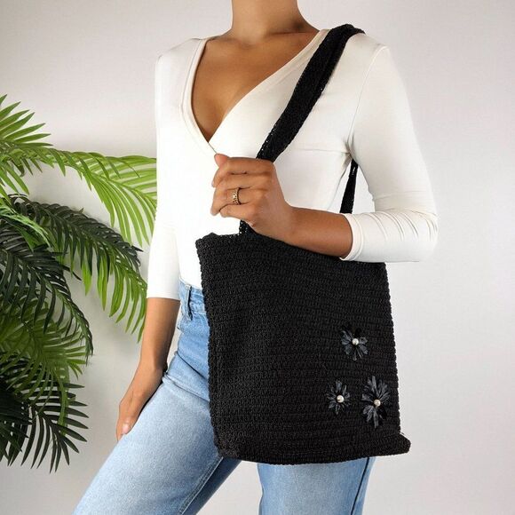 Vintage Y2K Black Boho Woven Knit Beachy Floral Cottagecore Sack Tote Bag Purse - Picture 5 of 6